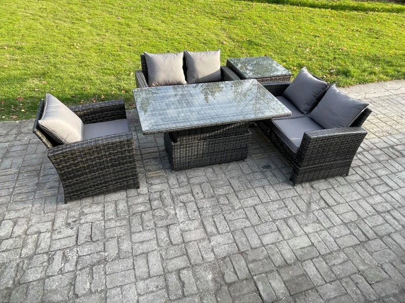 Image of Fimous 5pcs Rattan Outdoor Garden Furniture Set Height Adjustable Rising Lifting Table Sofa Dining Set with Side Table Dark Grey Mixed Dark Grey Unise
