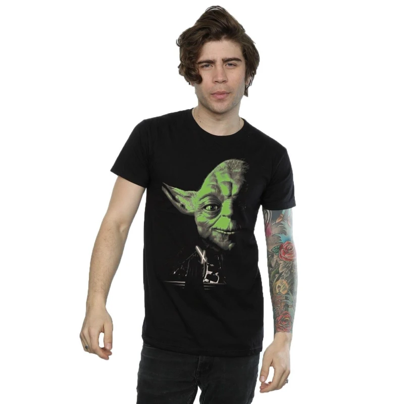 Image of Star Wars Star Wars Men Yoda Green Face T-Shirt in Black Size: Small Black S Male 5057245259910