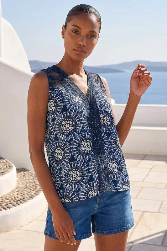 Image of Roman Womens Tie Dye Lace Detail Vest in Navy Size: 14 Navy Female 14