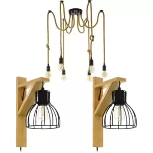 Image of Ceiling Pendant Light & 2x Matching Wall Lights Black & Rope Multi Bulb Spider