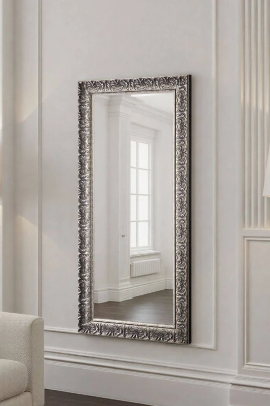 Image of Yearn Mirrors Yearn Mirrors Carved Framed Bevelled Tall Mirror Silver 138x62cm Silver One Size Unisex 0716053062307
