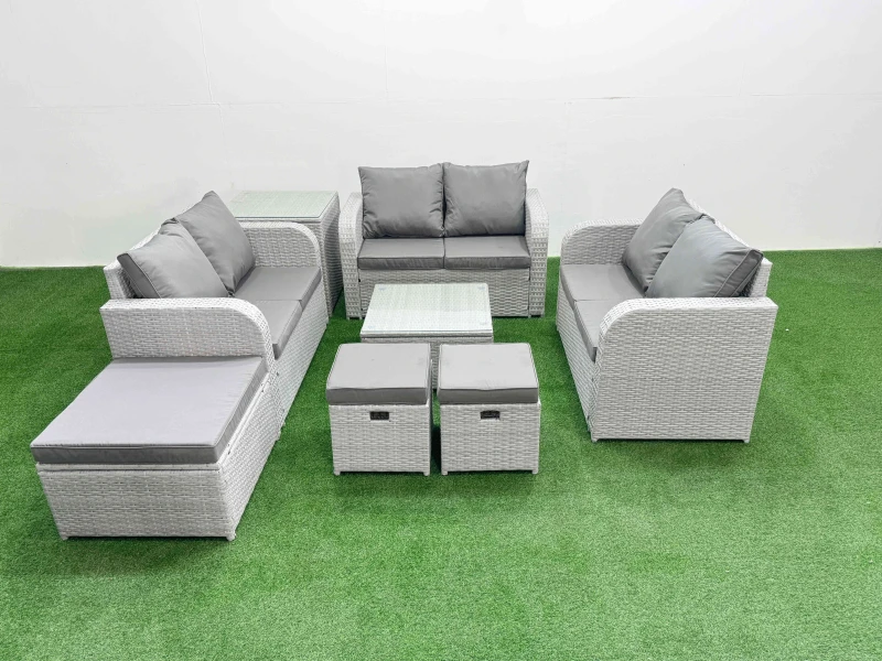 Image of Fimous 9 Seater PE Wicker Rattan Furniture Sofa Sets with Square Coffee Table 2 Seater Love Sofa 3 Stool Side Table Light Grey Light Grey