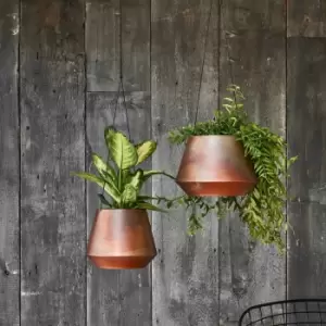 image of Ivyline Indoor Soho Aged Copper Hanging Planter With Leather Strap - H15Cm X D21Cm