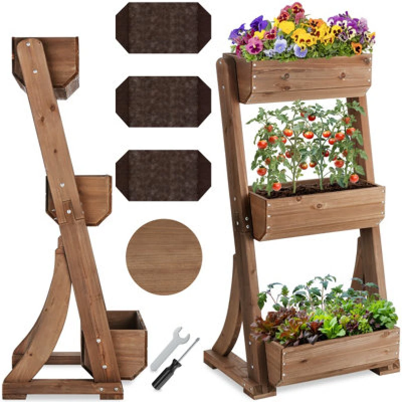 Image of Tectake Vertical Planter Flora In A Rustic Wooden Design With 3 To 5 Tiers And Plant Fleece Included 60 X 49 X 140 Cm - Brown