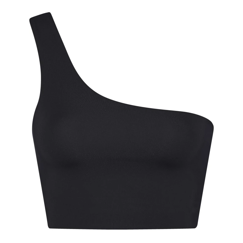 Image of Girlfriend Collective Womens One Shoulder Non Wired Low Impact Sports Bra Black female 8 (XS)