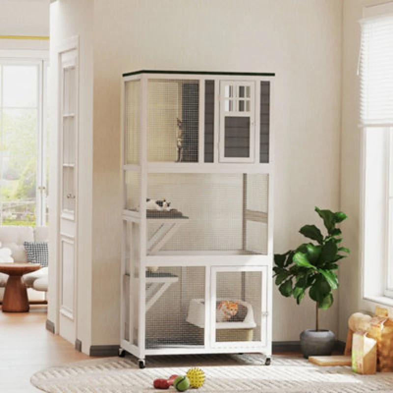Image of PawHut Wooden Cat House with Asphalt Roof, Cat Cage for Multiple Cats White D32-019V00CG