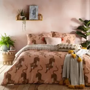 Image of Furn. Tibetan Tiger Coral Reversible Duvet Cover and Pillowcase Set Coral/Black/White