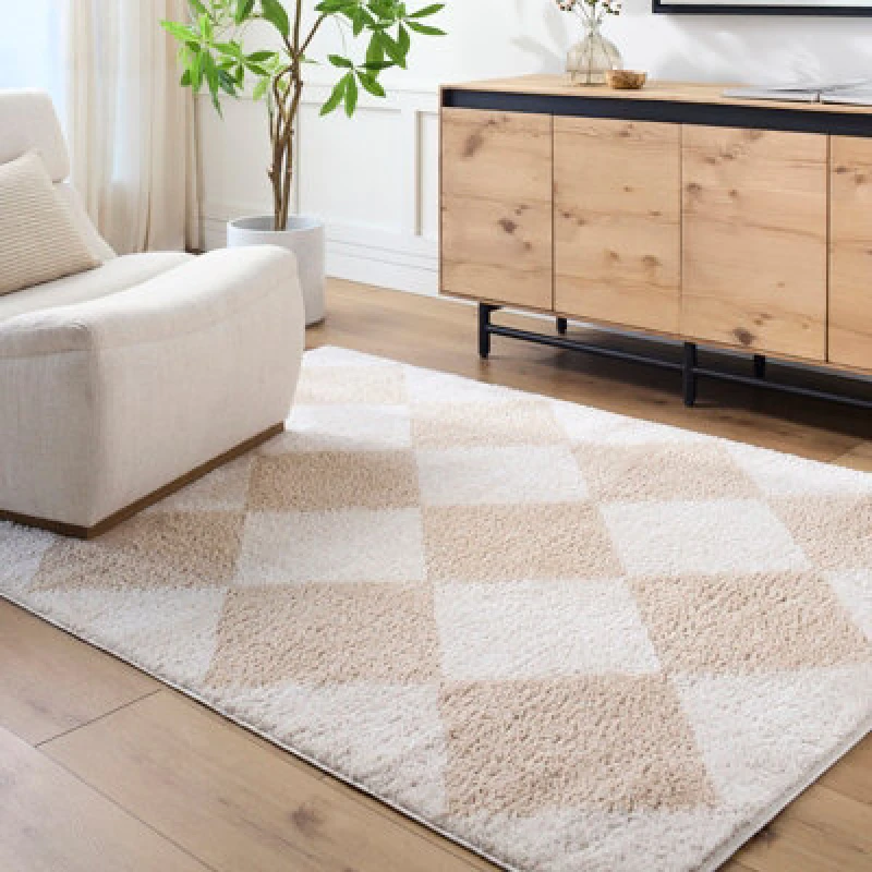 Image of Livabliss Machine Washable Shaggy Diamond Beige Deline Area Rug 160 X 213cm - Easy Care, Non Shedding, Ideal For Living Room & Bedroom