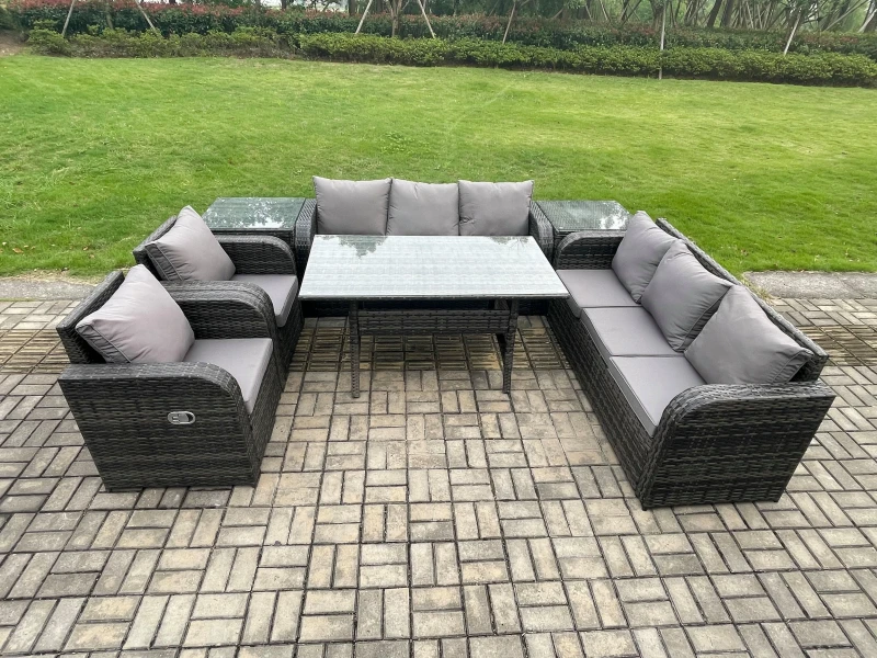 Image of Fimous Outdoor Garden Patio Furniture Wicker Rattan Oblong Rectangular Dining Table & Lounge Sofa set with 2 Side Table Dark Grey Mixed Dark Grey Unis