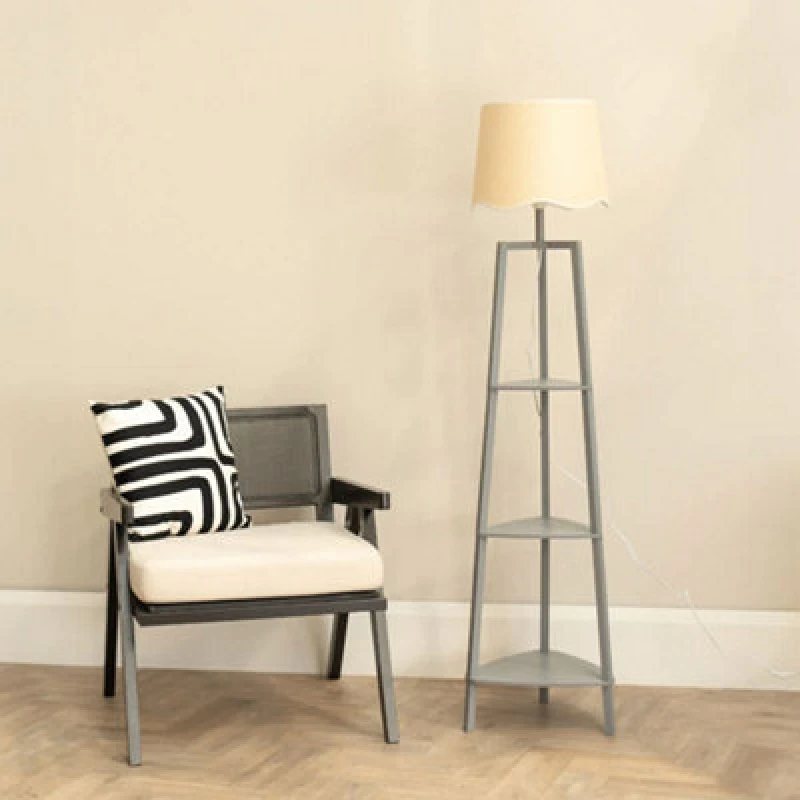 Image of ValueLights Hiru Grey Three Tier Shelved Wooden Floor with Linen Trim Scallop Tapered Shade Grey