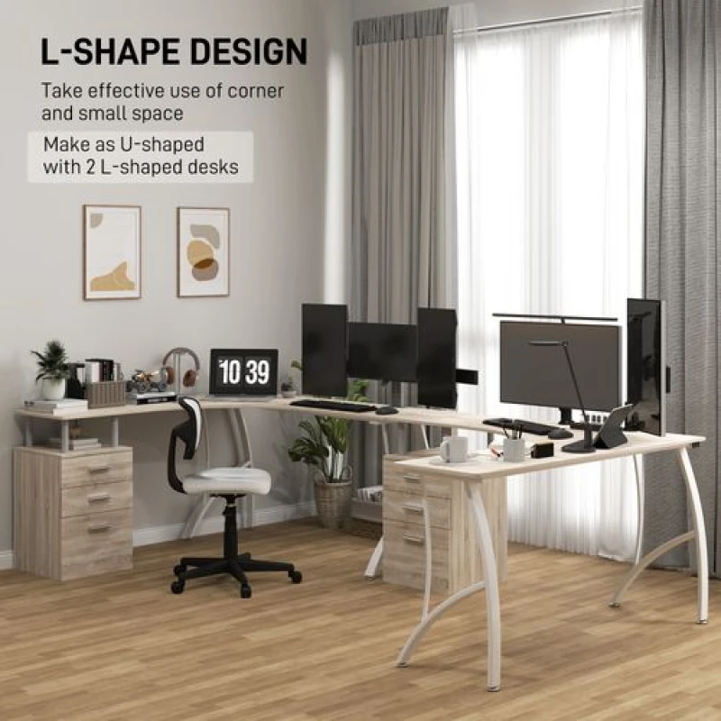 Image of HOMCOM HOMCOM L-Shaped Corner PC Desk Table w/ Drawer Home Office Workstation, Oak in Light Oak Light Oak One Size Unisex 5063603011861
