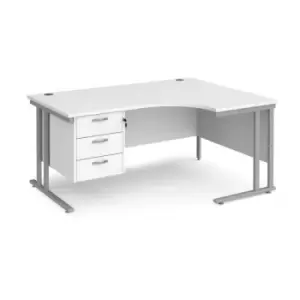 Image of Office Desk Right Hand Corner Desk 1600mm With Pedestal White Top With Silver Frame 1200mm Depth Maestro 25 MC16ERP3SWH