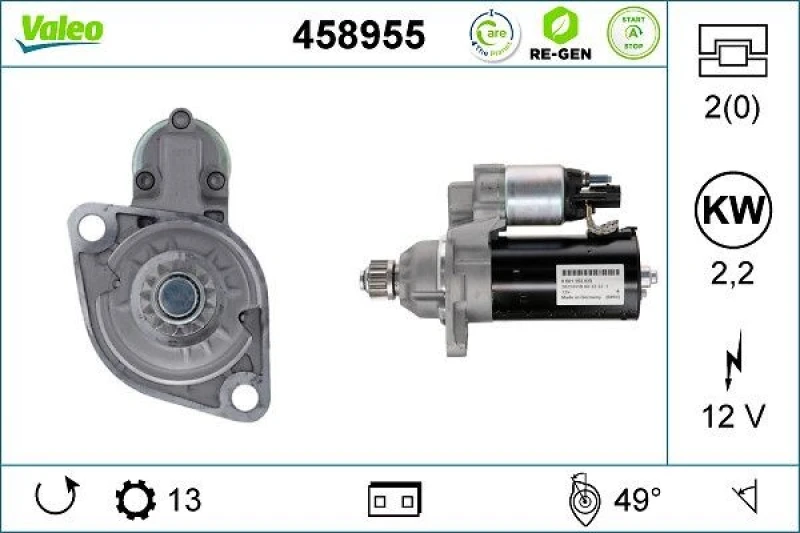 Image of VALEO 458955 Starter motor VALEO RE-GEN REMANUFACTURED STOP&START 2,2kW, 12V, Number of Teeth: 13 Starter (2)