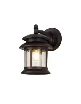 Image of Down Round Wall Lamp, 1 x E27, IP44, Antique Bronze, Clear Seeded Glass, 2yrs Warranty