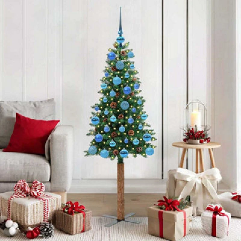 Image of vidaXL Slim Christmas Tree with Blue Balls Green 150cm PVC and Solid Pine wood, Green 3394858