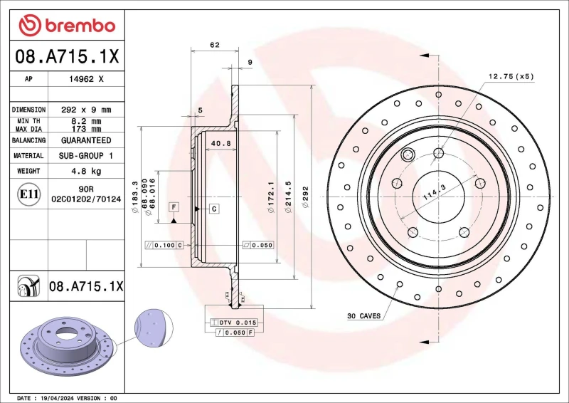 Image of BREMBO Brake disc BREMBO 08.A715.1X
