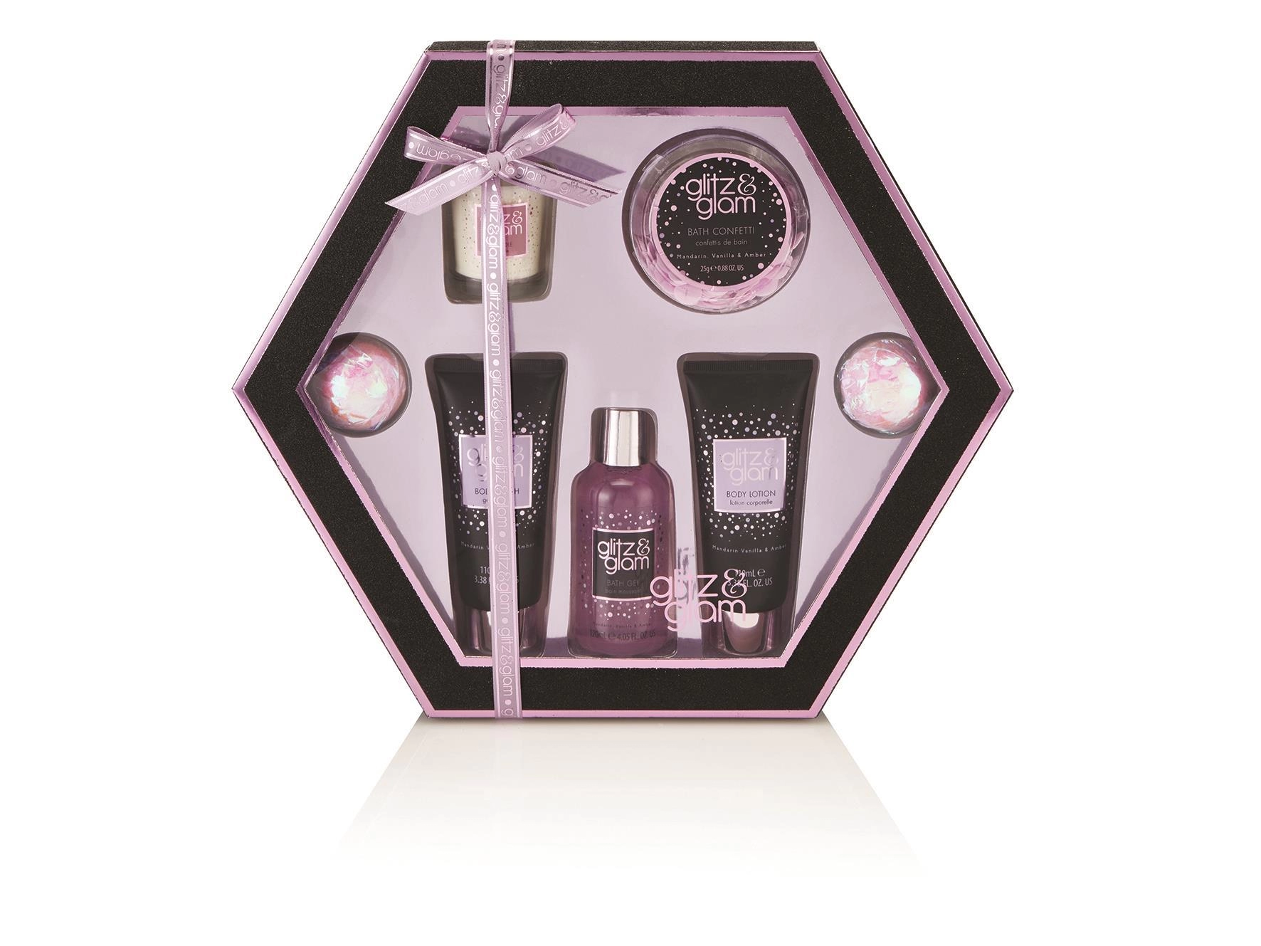 Image of Style & Grace Glitz & Glam Beauty Treat Gift Set 110ml Body Wash, 110ml Body Lotion, 120ml Bath Gel, 25g Bath Confetti, Candle, 2 x Bath Fizzer