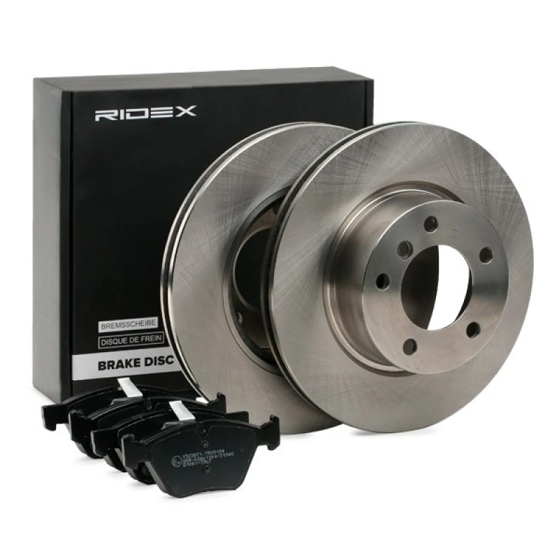 Image of RIDEX 3405B0981 Brake disc and pads set Front Axle, Brake Disc Type: Vented, prepared for wear warning indicator, with piston clip Brake Set,disc bra