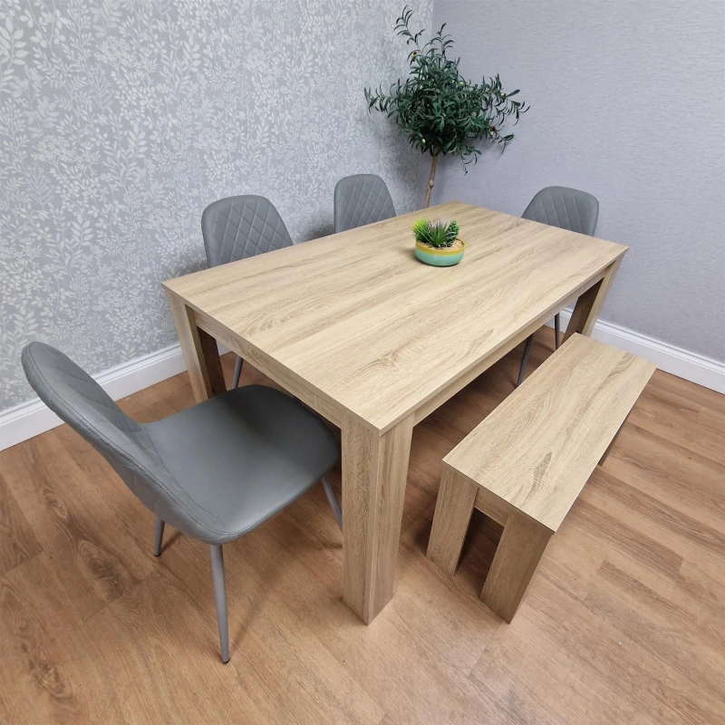 Image of KOSY KOALA KOSY KOALA Wooden Dining Table Set for 6 Oak Effect Table With 4 Grey Gem Patterned Chairs and 1 Bench in Beige Size: 140cm x 80cm Beige