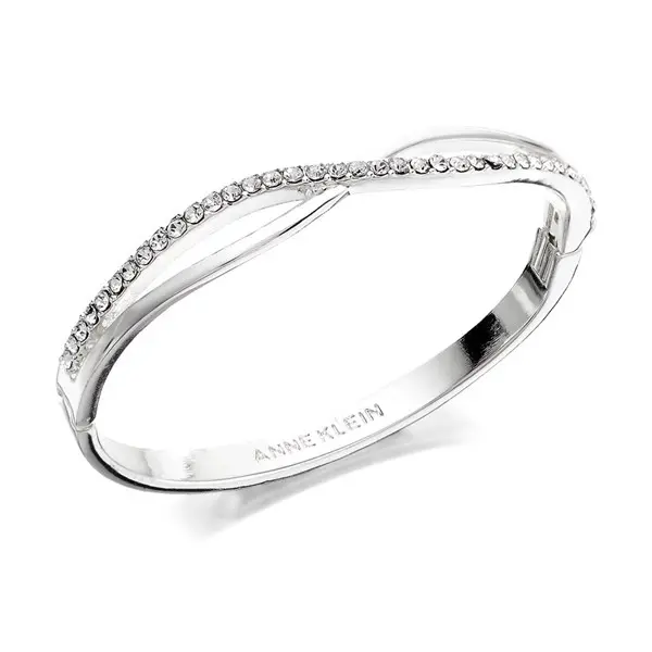 image of Anne Klein Silver Tone Crystal Crossover Hinged Bangle - J7893