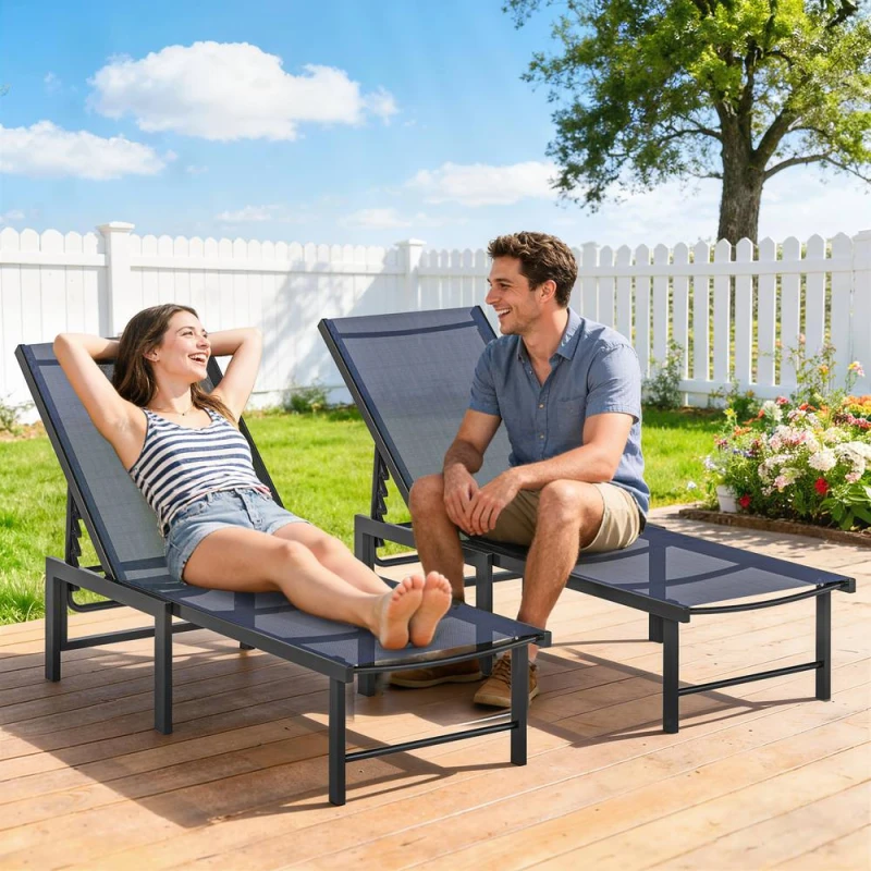 Image of OUTSUNNY Sun Loungers Set of 2, 5-Level Reclining Sunbeds, Dark Blue Size: 2 Pack Blue Unisex 2 Pack