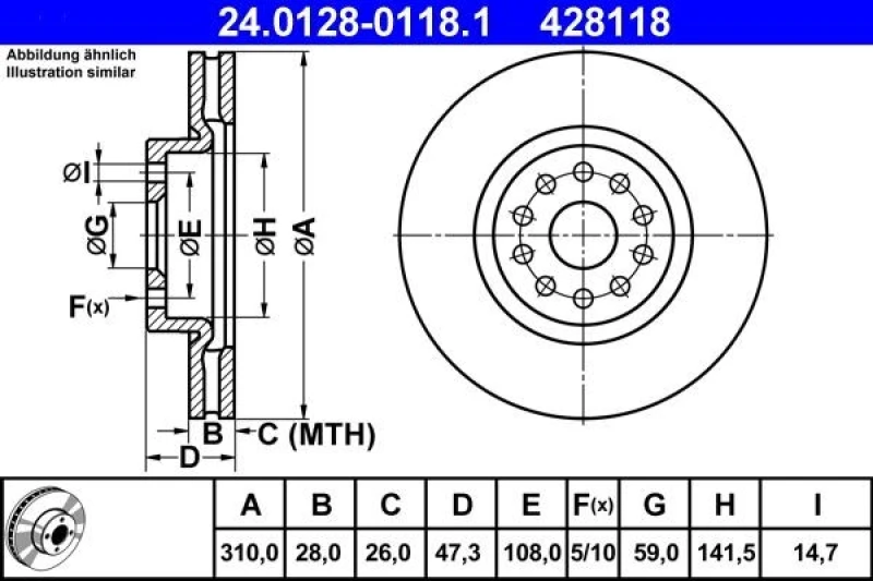 Image of ATE 24.0128-0118.1 Brake disc Vented Brake Disc (82)