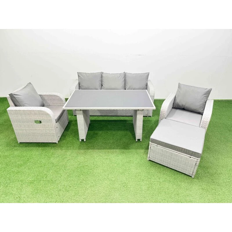 Image of Fimous Outdoor Rattan Garden Furniture Dining Set 6-seater with Big Stool in Light Grey Light Grey Unisex