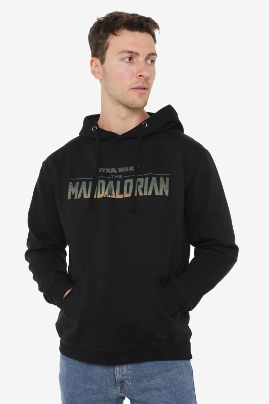 Image of Star Wars Men Star Wars Mandalorian Landscape Logo Pullover Hoodie Black Size: Small Black S Male 5052777771497