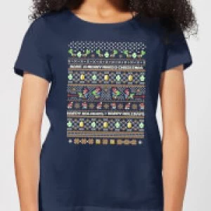Image of Nintendo Super Mario Yoshi Have A Merry Mario Christmas Womens T-Shirt - Navy - L