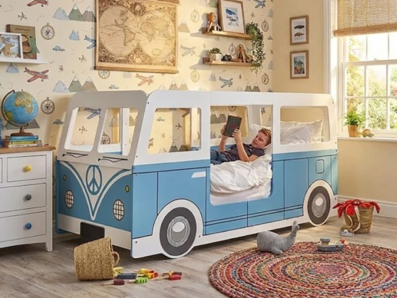 Image of Julian Bowen Campervan 3ft Single White and Blue Wooden Bed Frame