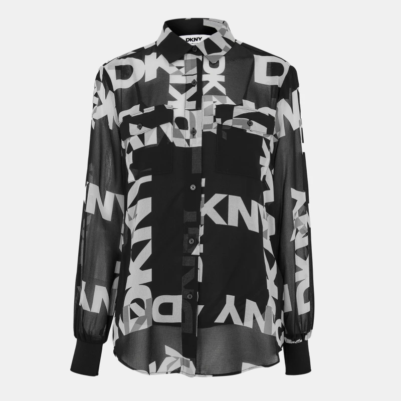 Image of DKNY Womens Long Sleeve Patterned Shirt Black/Ivory female 8 (XS)