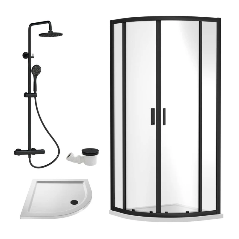 Image of Balterley Ruwa Quadrant Bundle: Door, Tray, Round Kit, Waste 800mm White/Black in Black Unisex