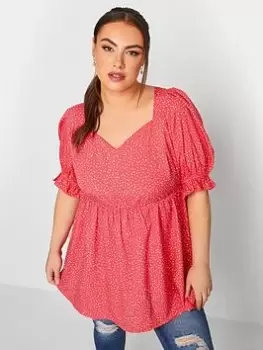 Image of Yours Sweetheart Puff Sleeve Top Coral Spot, Pink, Size 16, Women