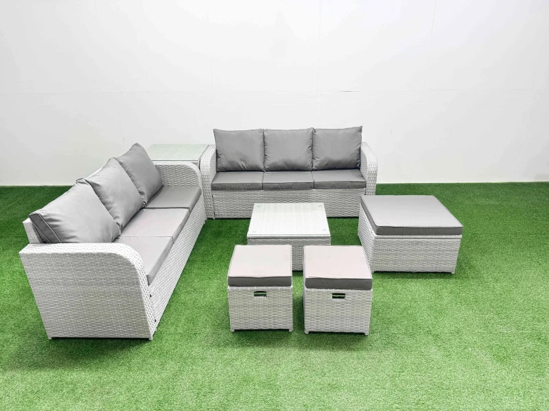 Image of Fimous Outdoor Garden Furniture Sets 9 Seater Wicker Rattan Furniture Sofa Sets with Square Coffee Table high Back Lounge Sofa 3 Stools Side Table Lig