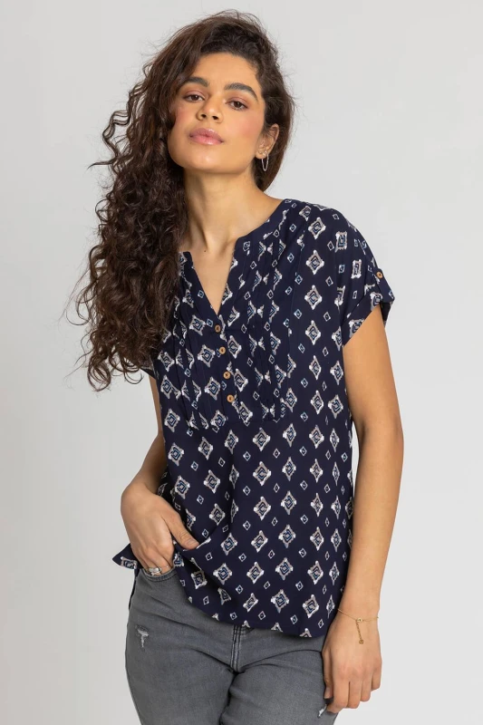 Image of Roman Womens Aztec Print Button V-Neck Detail Top in Navy Size: 14 Navy Female 14