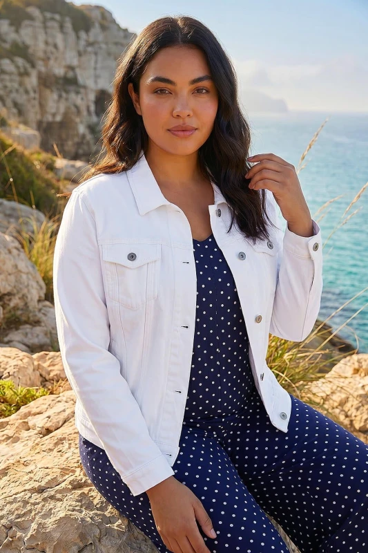 Image of Roman Womens Curve Cotton Denim Jacket in White Size: 20 White Female 20