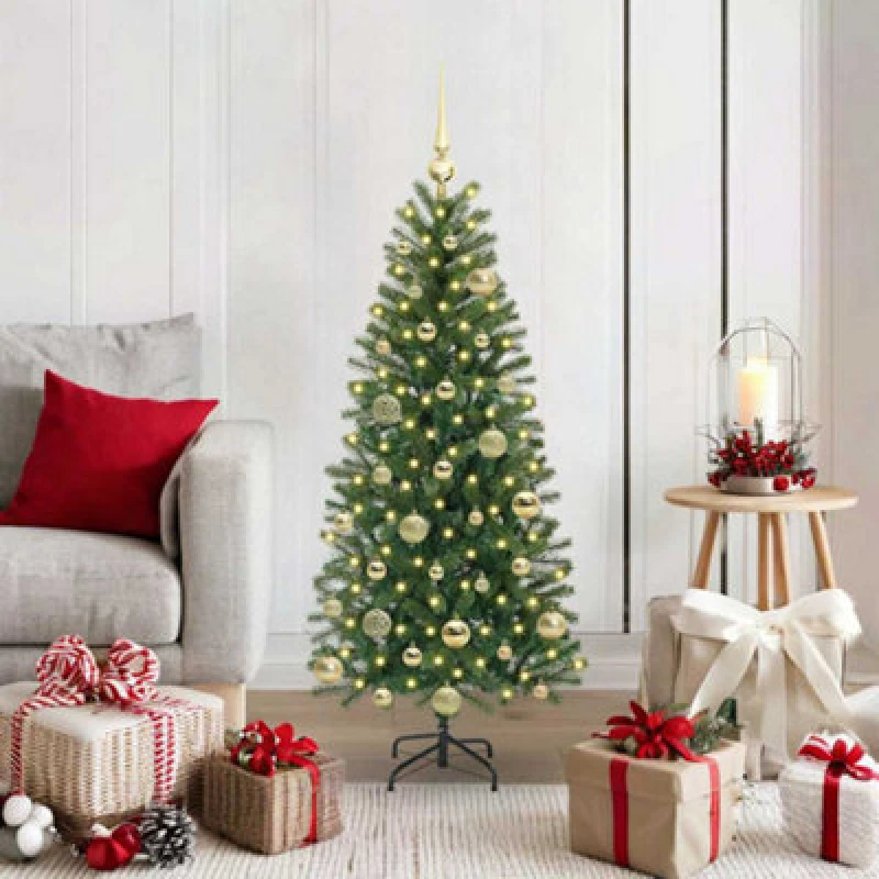 Image of vidaXL Artificial Christmas Tree with 150 LEDs, Gold Balls Green 120 x 75cm PE and PVC, Green 3397332