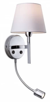 Image of 1 Light Indoor Wall Light with Reading Lamp Polished Stainless Steel, Cream Shade, E14