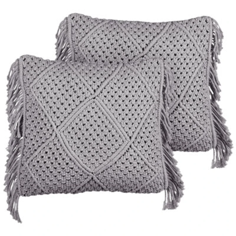 Image of Beliani Set Of 2 Decorative Cushions Besham Cotton 45 X 45cm Grey Geometric Pattern