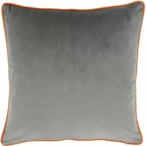 image of Riva Paoletti Meridian Faux Velvet Piped Cushion Cover, Grey/Clementine, 55 x 55 Cm