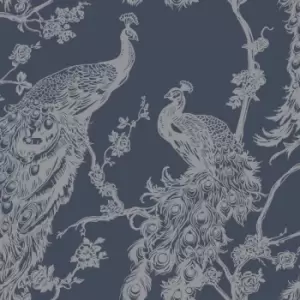 Image of Glistening Peacock Navy Blue Wallpaper Metallic Silver Bird Trees Feather - Holden Decor