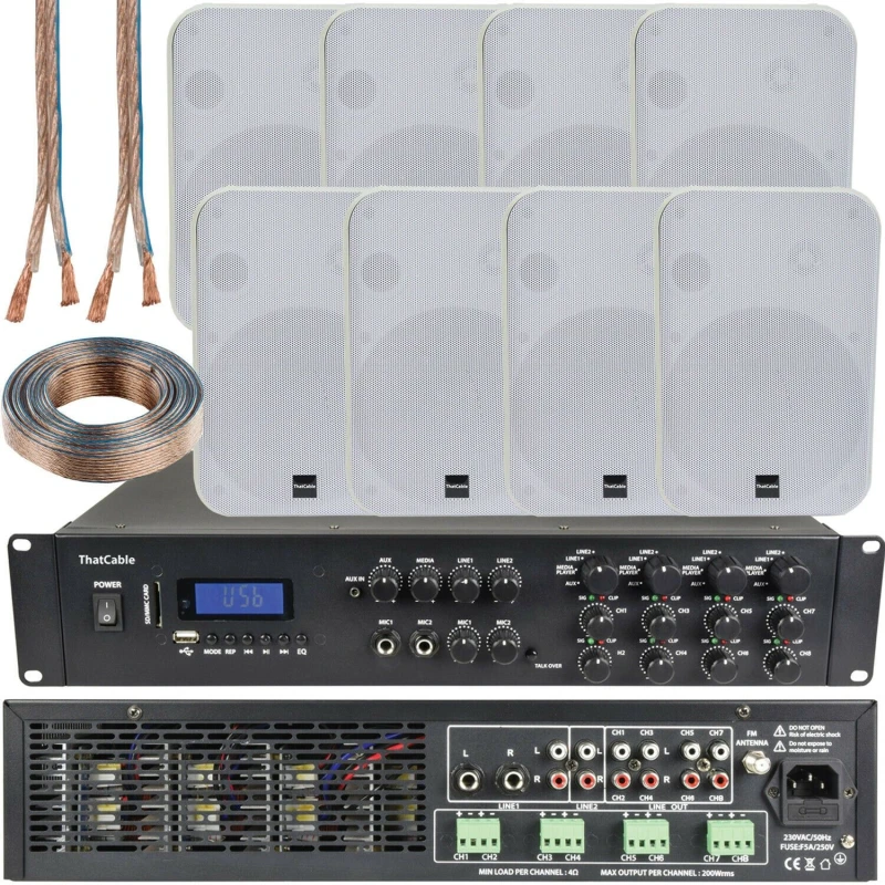 Image of Loops 1600W Bluetooth Sound System 8x 200W White Wall Speaker 8 Zone Matrix Amplifier White unisex