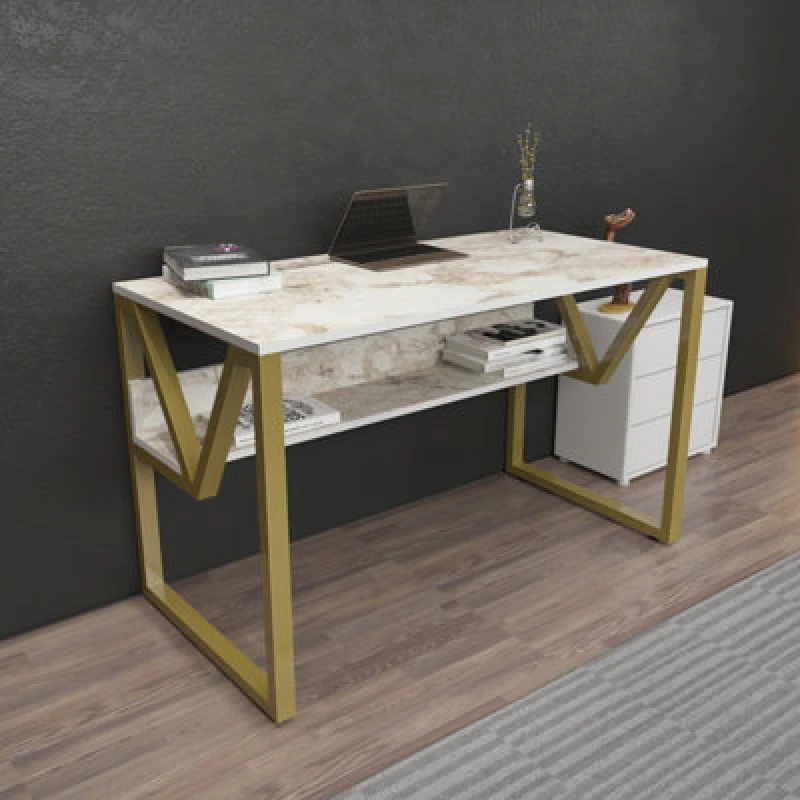 Image of Decorotika Lona Computer Desk Study Desk With A Hidden Shelf - White Marble Effect And Gold, Multi LON47CD01