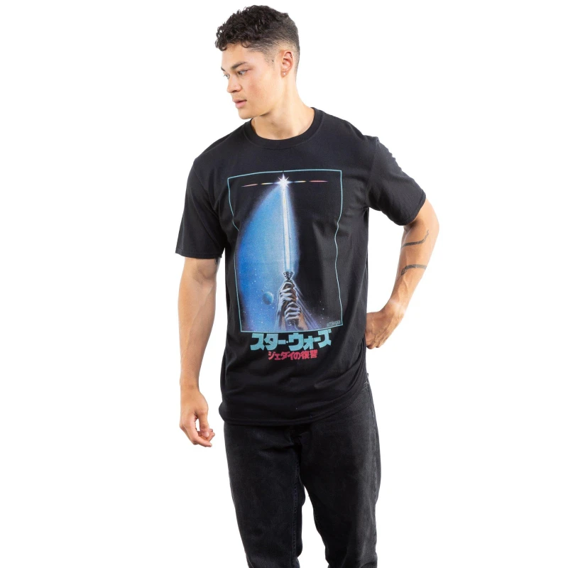 Image of Star Wars Men Star Wars Retro Lightsaber Cotton Mens T-Shirt Black Size: Small Black S Male 5052777685978