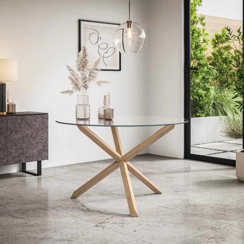 Image of More4Homes Malvern Round Dining Table Clear Glass Table Top W Solid Oak Legs