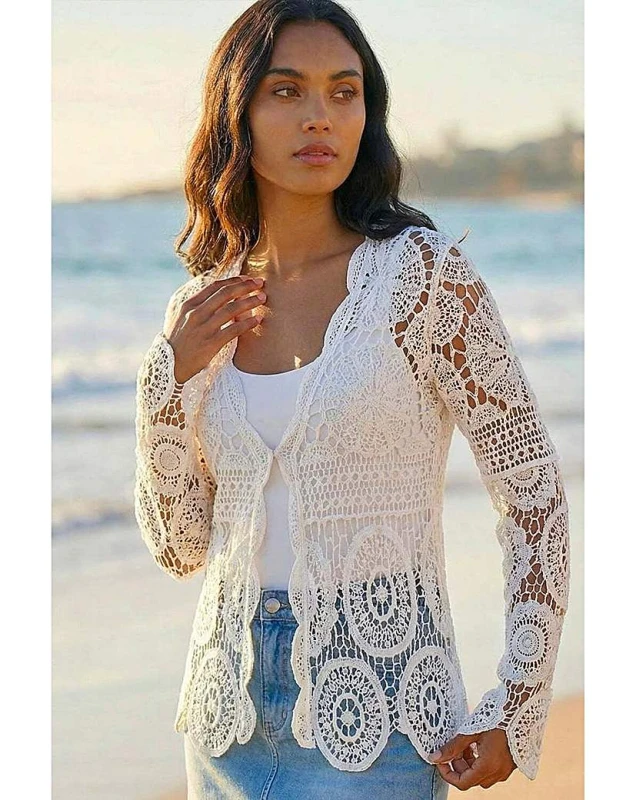 Image of Roman Originals Roman Crochet Detail Knit Cardigan Ivory - Roman Originals - Size: S Ivory Female S HH16603