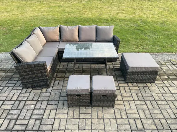 Image of Fimous 6 Seater Outdoor Dark Grey High Back Rattan Lounge Complete Sofa Set Left Side with Oblong Dining Table, 2 Stools and Big Footstool