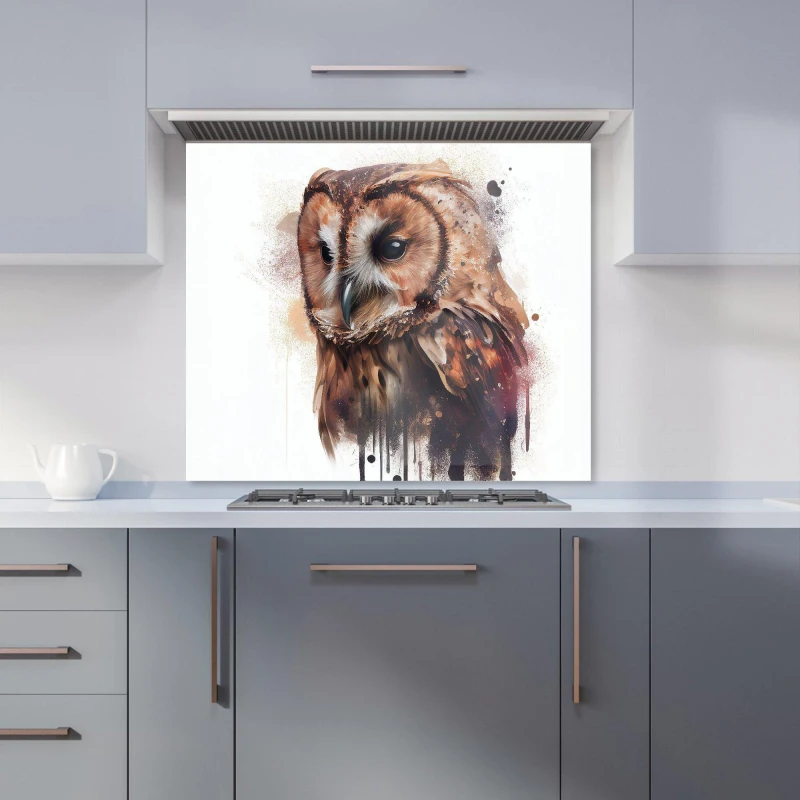 Image of Warren Reed - Designer Tawny Owl Face Splashart Light Background Kitchen Splashback in Brown Size: 600mm x 750mm Brown Unisex 600mm x 750mm