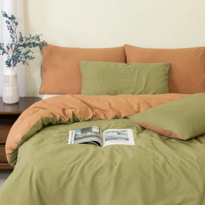 Image of MHG Living Reversible 100% Cotton Duvet Cover Set With Pillowcases - Soft & Breathable Olive Green Bedding, Button Closure - Single