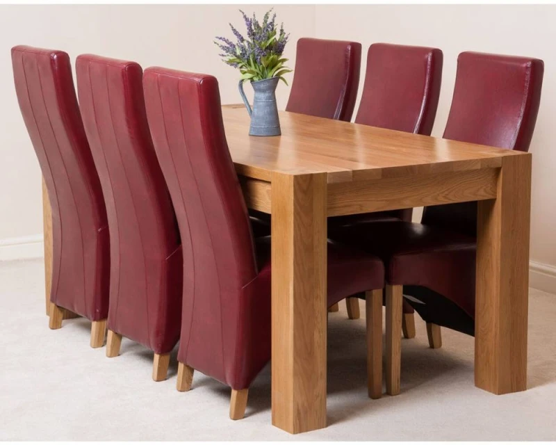 Image of Thats Furniture Kuba 180 x 90cm Chunky Oak Dining Table & 6 Lola Leather Chairs in Red Red Unisex 180 x 90 cm
